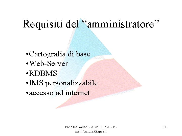 Requisiti del “amministratore” • Cartografia di base • Web-Server • RDBMS • IMS personalizzabile