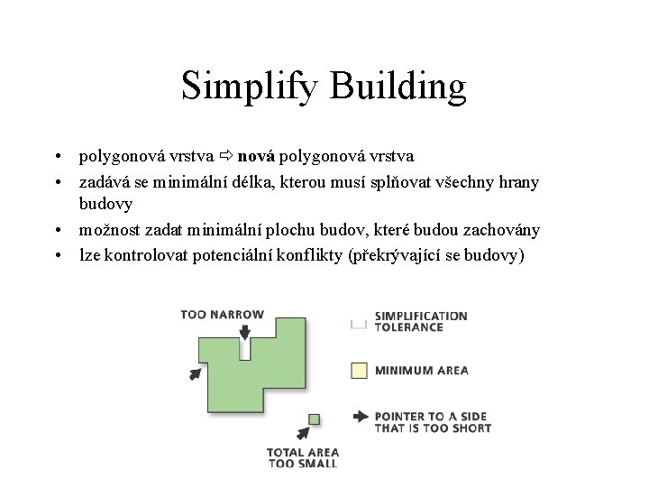 Simplify Building • polygonová vrstva nová polygonová vrstva • zadává se minimální délka, kterou