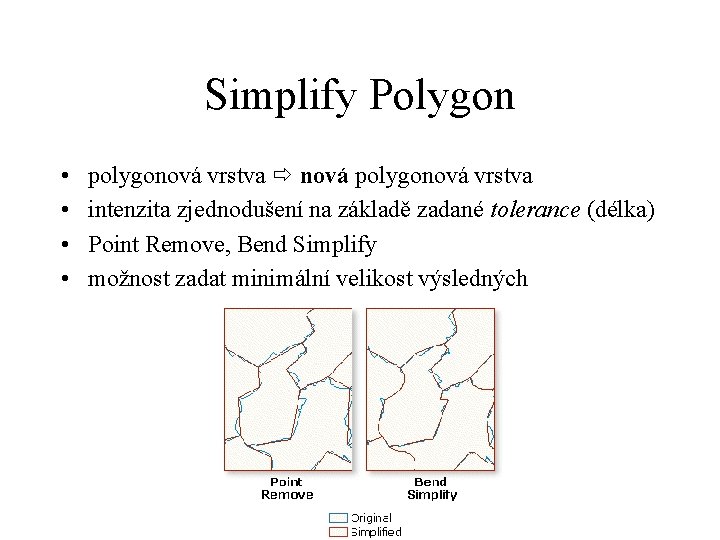 Simplify Polygon • • polygonová vrstva nová polygonová vrstva intenzita zjednodušení na základě zadané