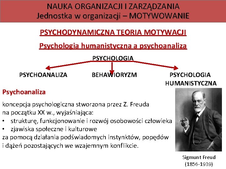 NAUKA ORGANIZACJI I ZARZĄDZANIA Jednostka w organizacji – MOTYWOWANIE PSYCHODYNAMICZNA TEORIA MOTYWACJI Psychologia humanistyczna