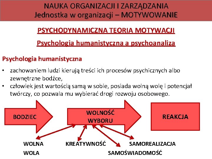 NAUKA ORGANIZACJI I ZARZĄDZANIA Jednostka w organizacji – MOTYWOWANIE PSYCHODYNAMICZNA TEORIA MOTYWACJI Psychologia humanistyczna