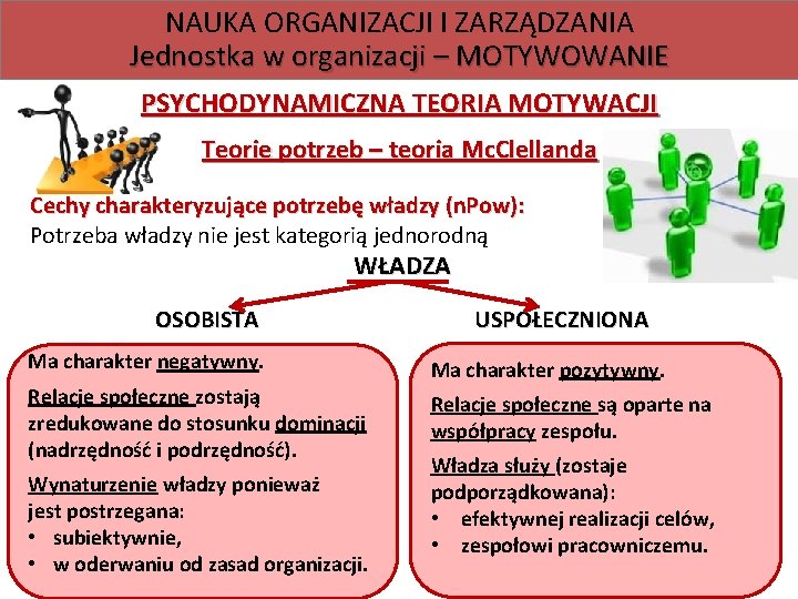 NAUKA ORGANIZACJI I ZARZĄDZANIA Jednostka w organizacji – MOTYWOWANIE PSYCHODYNAMICZNA TEORIA MOTYWACJI Teorie potrzeb