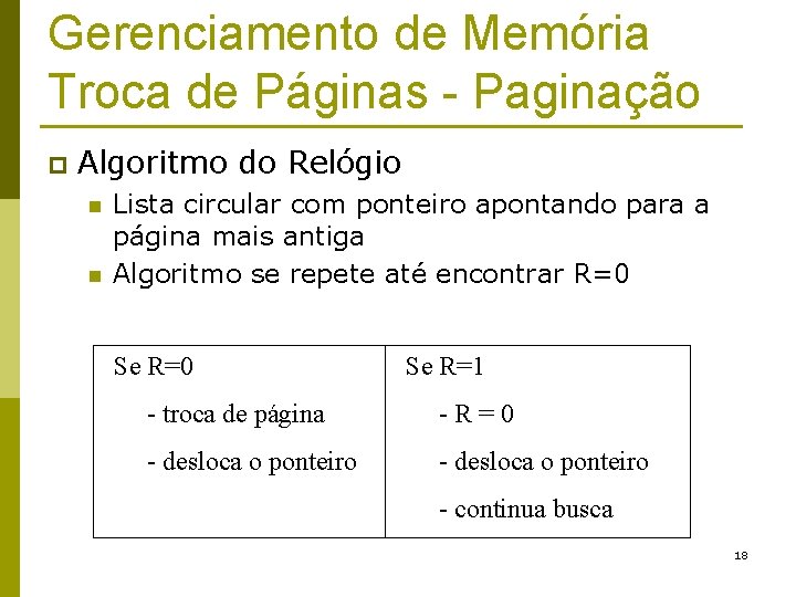 Gerenciamento de Memória Troca de Páginas - Paginação p Algoritmo do Relógio n n