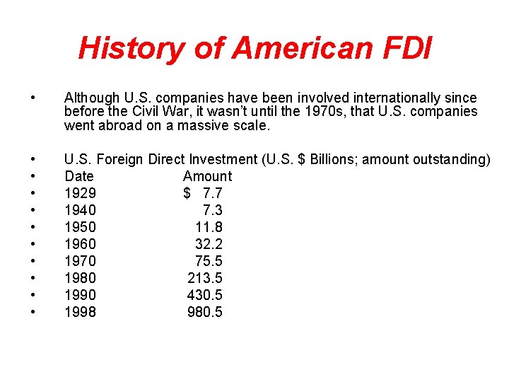 History of American FDI • Although U. S. companies have been involved internationally since