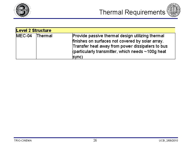  Thermal Requirements Level 2 Structure MEC-04 Thermal TRIO-CINEMA Provide passive thermal design utilizing