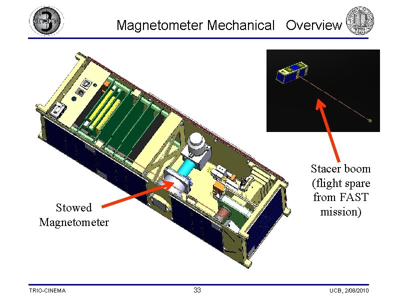  Magnetometer Mechanical Overview Stacer boom (flight spare from FAST mission) Stowed Magnetometer TRIO-CINEMA