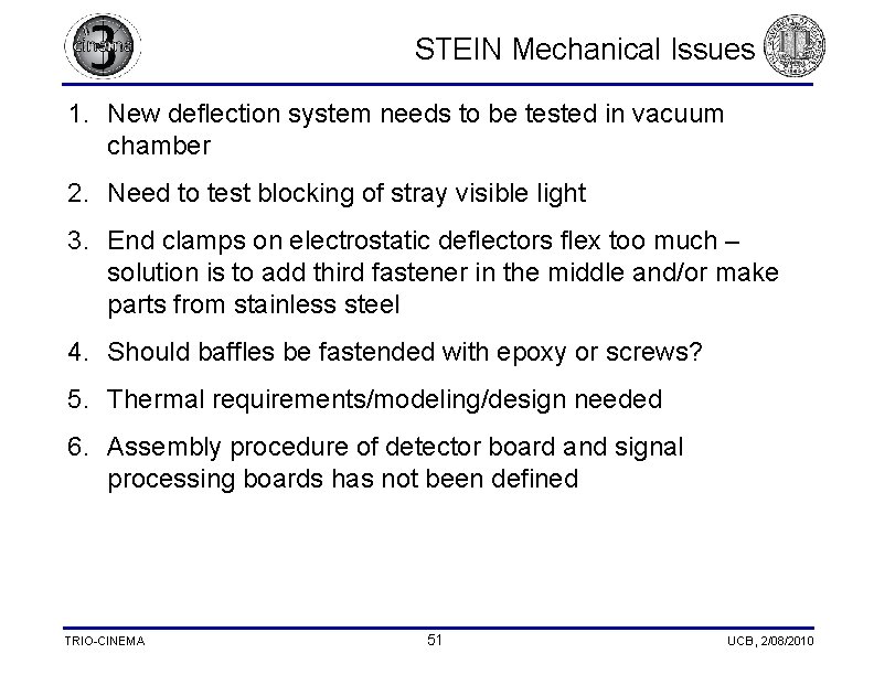  STEIN Mechanical Issues 1. New deflection system needs to be tested in vacuum