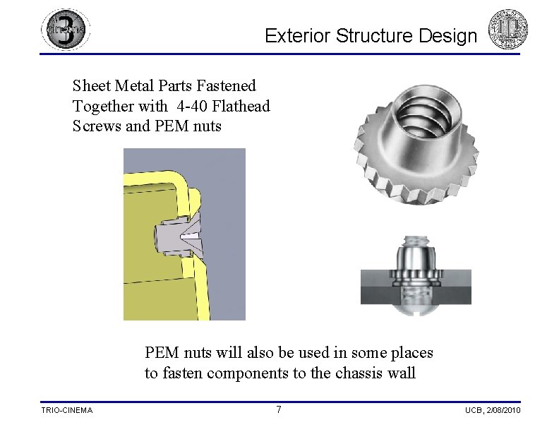 Exterior Structure Design Sheet Metal Parts Fastened Together with 4 -40 Flathead Screws and