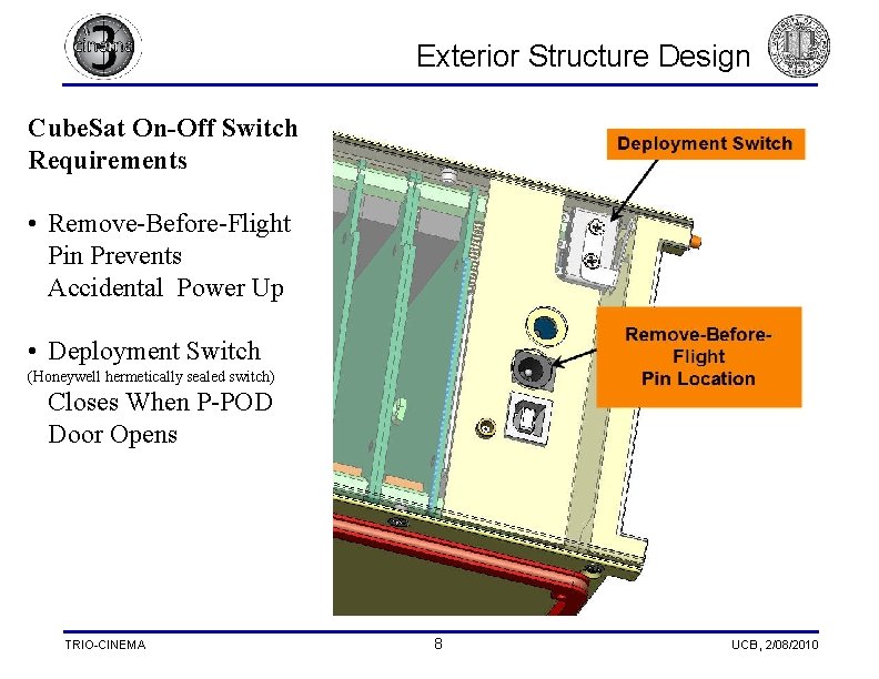Exterior Structure Design Cube. Sat On-Off Switch Requirements • Remove-Before-Flight Pin Prevents Accidental Power