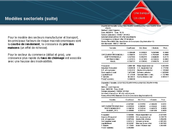 Une banque Modèles sectoriels (suite) Un client Pour le modèle des secteurs manufacturier et