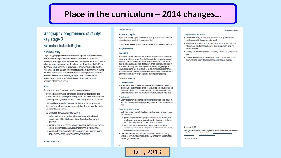 Place in the curriculum – 2014 changes… Df. E, 2013 