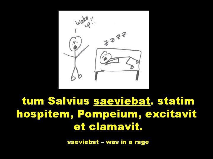 tum Salvius saeviebat. statim hospitem, Pompeium, excitavit et clamavit. saeviebat – was in a