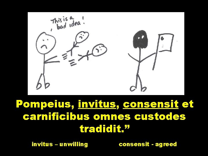 Pompeius, invitus, consensit et carnificibus omnes custodes tradidit. ” invitus – unwilling consensit -