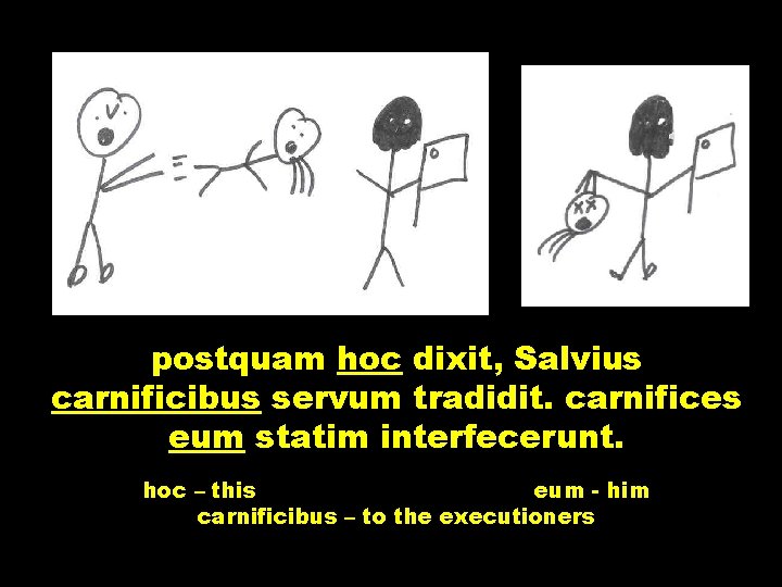 postquam hoc dixit, Salvius carnificibus servum tradidit. carnifices eum statim interfecerunt. hoc – this