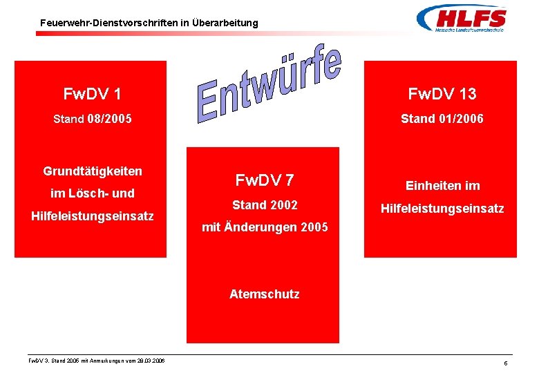 Feuerwehr-Dienstvorschriften in Überarbeitung Fw. DV 13 Stand 08/2005 Stand 01/2006 Grundtätigkeiten im Lösch- und