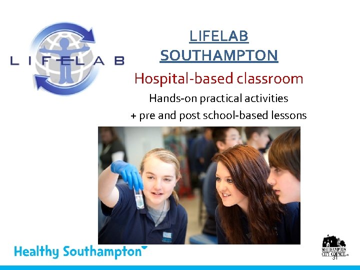 LIFELAB SOUTHAMPTON Hospital-based classroom Hands-on practical activities + pre and post school-based lessons 31