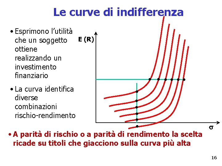 Le curve di indifferenza • Esprimono l’utilità che un soggetto E (R) ottiene realizzando