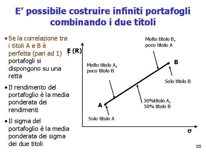 E’ possibile costruire infiniti portafogli combinando i due titoli • Se la correlazione tra