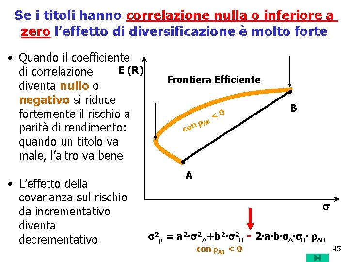 Se i titoli hanno correlazione nulla o inferiore a zero l’effetto di diversificazione è