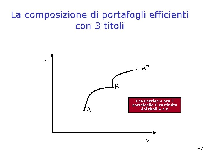 La composizione di portafogli efficienti con 3 titoli A C B Consideriamo ora il