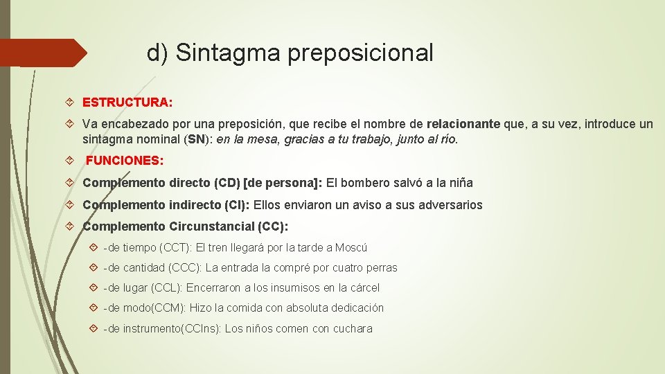 d) Sintagma preposicional ESTRUCTURA: Va encabezado por una preposición, que recibe el nombre de