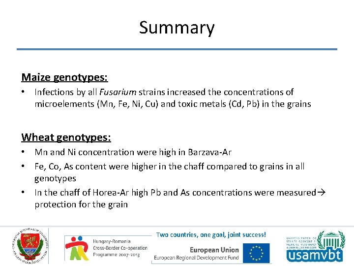 Summary Maize genotypes: • Infections by all Fusarium strains increased the concentrations of microelements