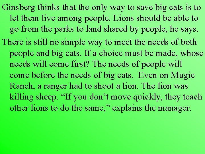Ginsberg thinks that the only way to save big cats is to let them