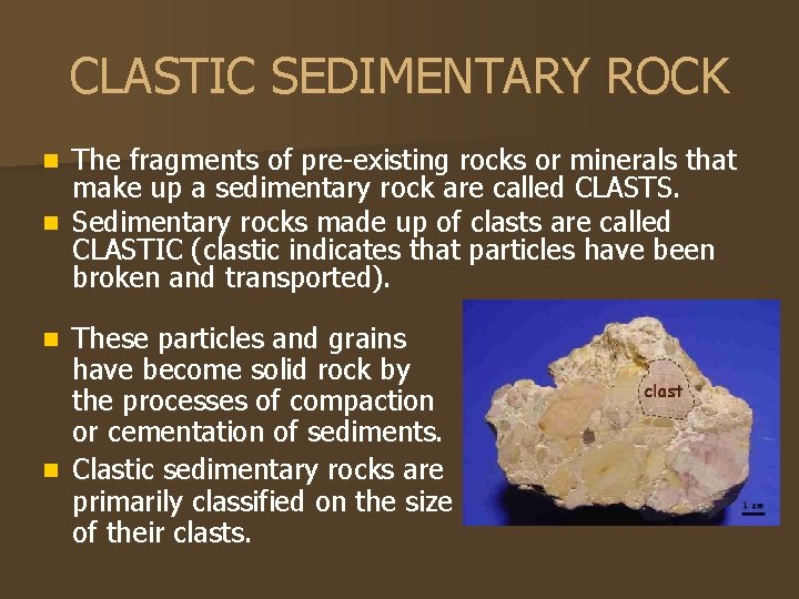 CLASTIC SEDIMENTARY ROCK The fragments of pre-existing rocks or minerals that make up a