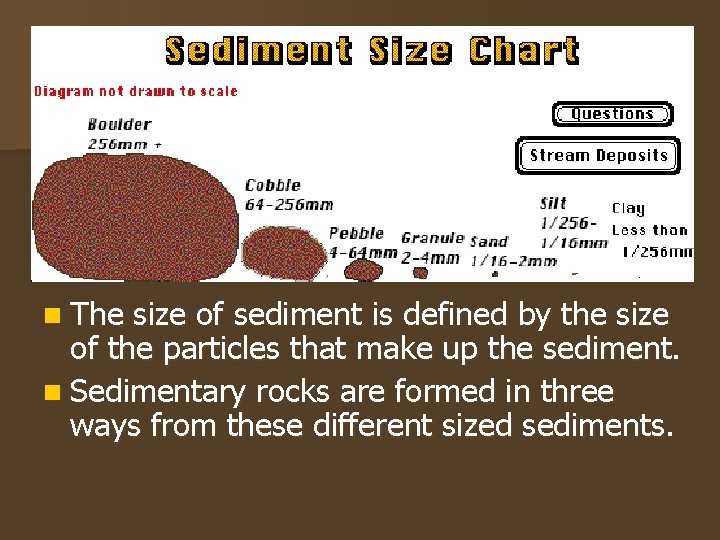 n The size of sediment is defined by the size of the particles that