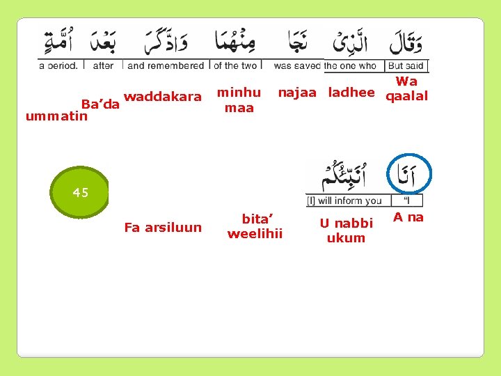 Ba’da ummatin waddakara minhu maa Wa najaa ladhee qaalal 45 Fa arsiluun bita’ weelihii