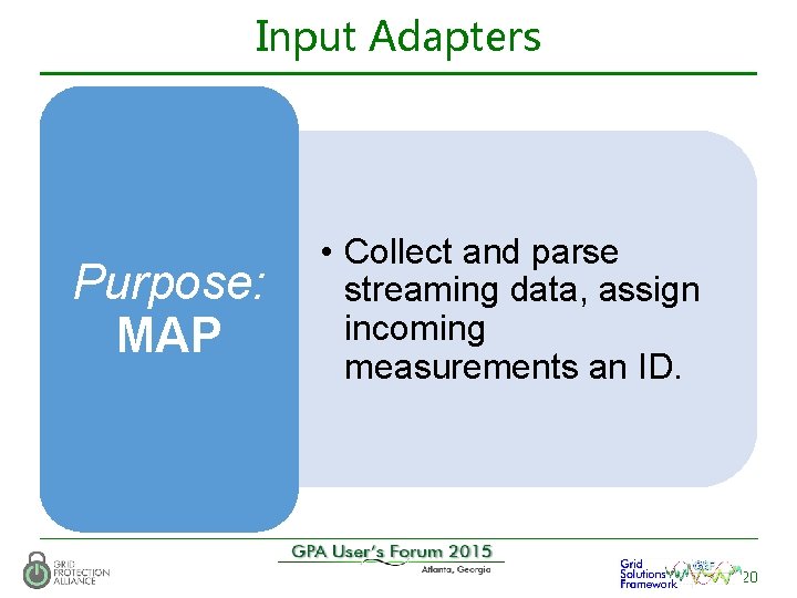 Input Adapters Purpose: MAP • Collect and parse streaming data, assign incoming measurements an