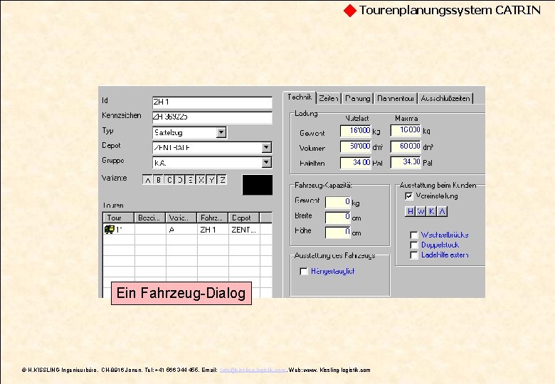 Tourenplanungssystem CATRIN Ein Fahrzeug-Dialog © H. KISSLING Ingenieurbüro, CH-8916 Jonen, Tel: +41 566 344