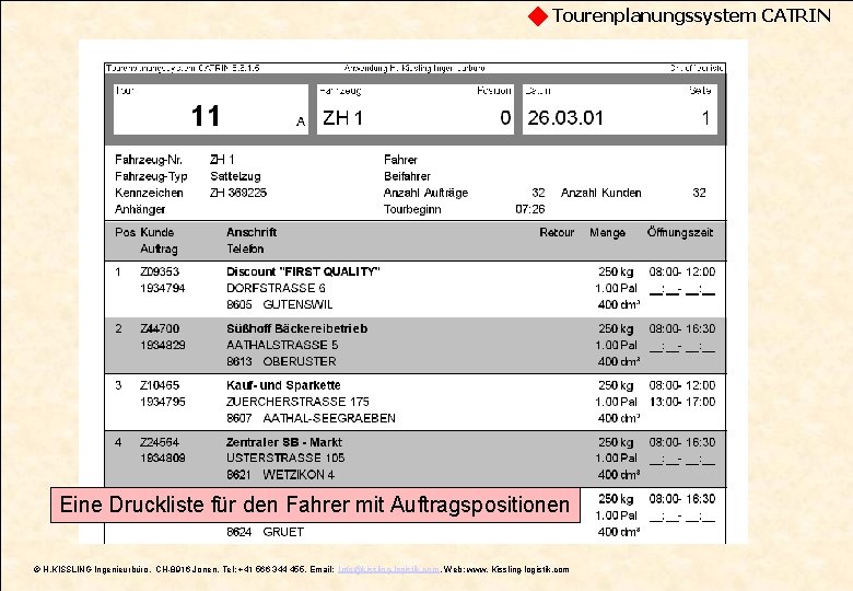 Tourenplanungssystem CATRIN Eine Druckliste für den Fahrer mit Auftragspositionen © H. KISSLING Ingenieurbüro, CH-8916