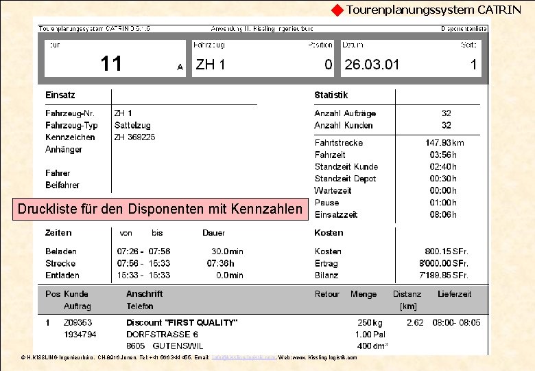 Tourenplanungssystem CATRIN Druckliste für den Disponenten mit Kennzahlen © H. KISSLING Ingenieurbüro, CH-8916 Jonen,