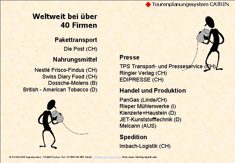 Tourenplanungssystem CATRIN Weltweit bei über 40 Firmen Pakettransport Die Post (CH) Nahrungsmittel Nestlé Frisco-Findus