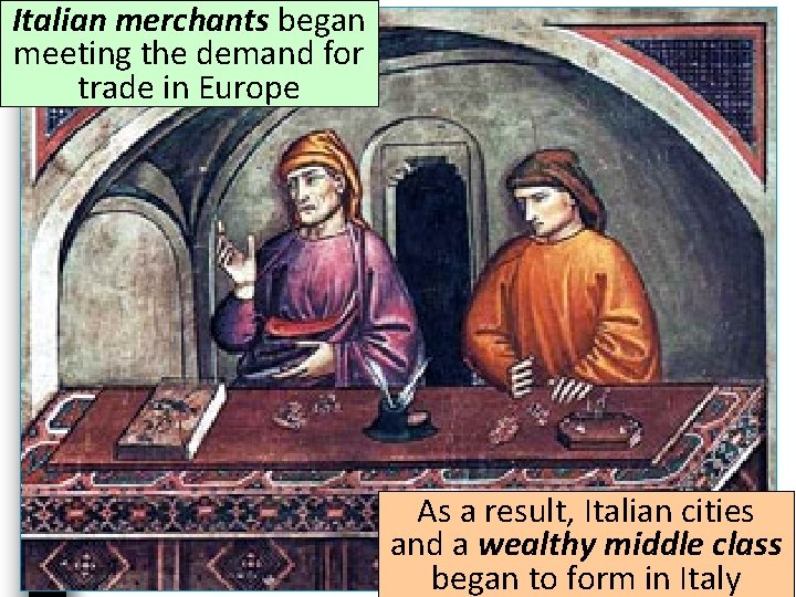 Italian merchants began meeting the demand for trade in Europe As a result, Italian