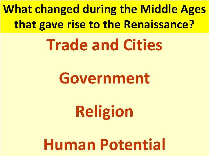 What changed during the Middle Ages that gave rise to the Renaissance? Trade and