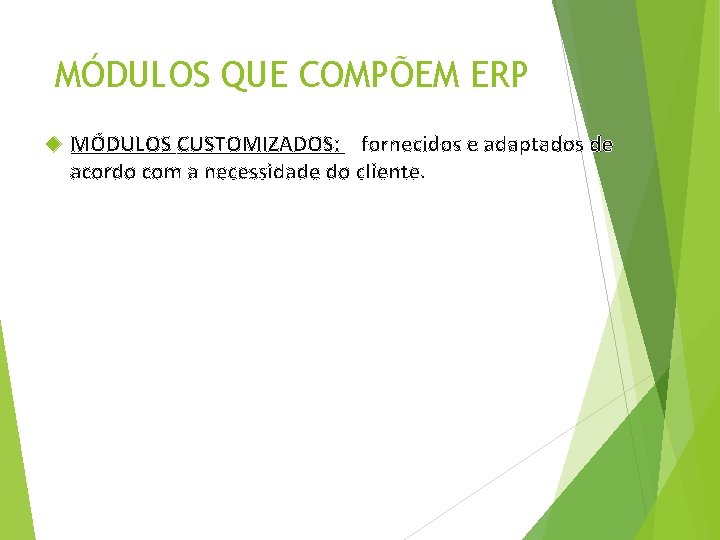 MÓDULOS QUE COMPÕEM ERP MÓDULOS CUSTOMIZADOS: fornecidos e adaptados de acordo com a necessidade