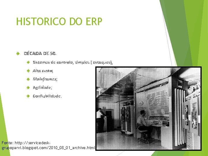 HISTORICO DO ERP DÉCADA DE 50. Sistemas de controle, simples ( estoques); Alto custo;