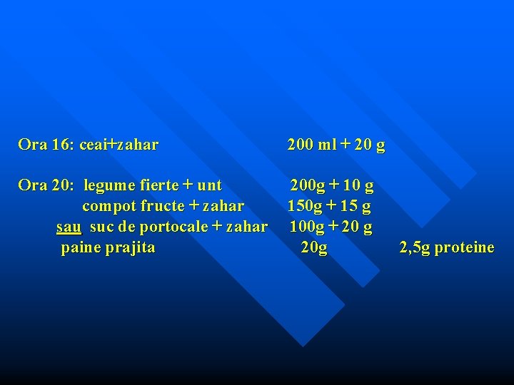 Ora 16: ceai+zahar 200 ml + 20 g Ora 20: legume fierte + unt