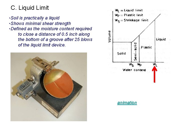 C. Liquid Limit • Soil is practically a liquid • Shows minimal shear strength