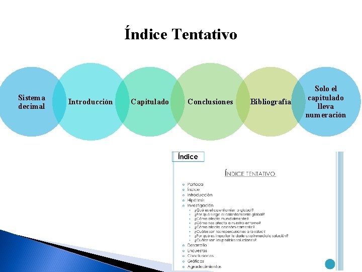 Índice Tentativo Sistema decimal Introducción Capitulado Conclusiones Bibliografía Solo el capitulado lleva numeración 