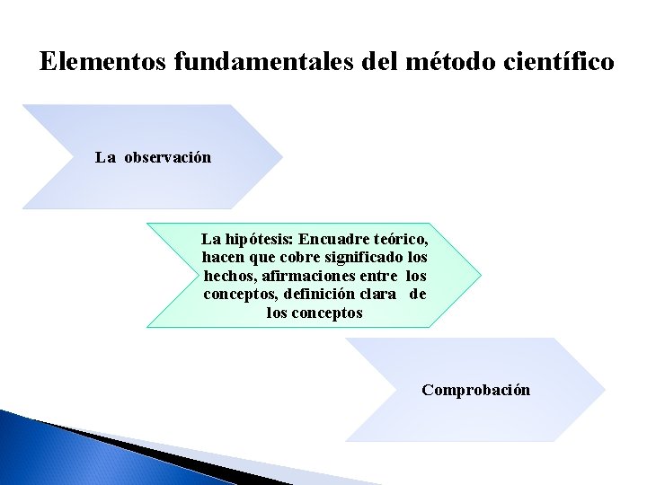 Elementos fundamentales del método científico La observación La hipótesis: Encuadre teórico, hacen que cobre