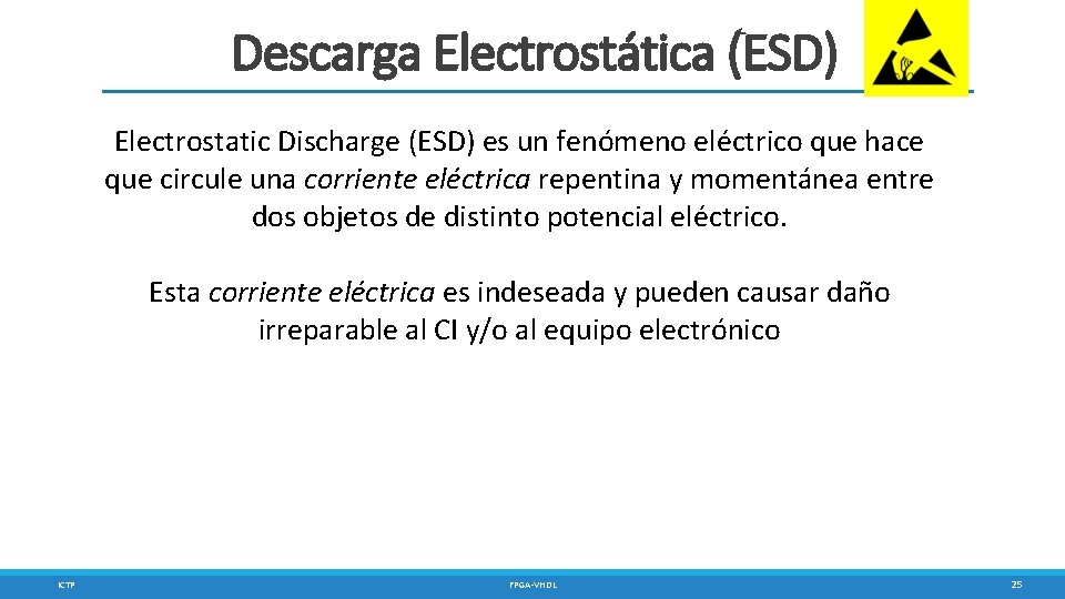 Descarga Electrostática (ESD) Electrostatic Discharge (ESD) es un fenómeno eléctrico que hace que circule
