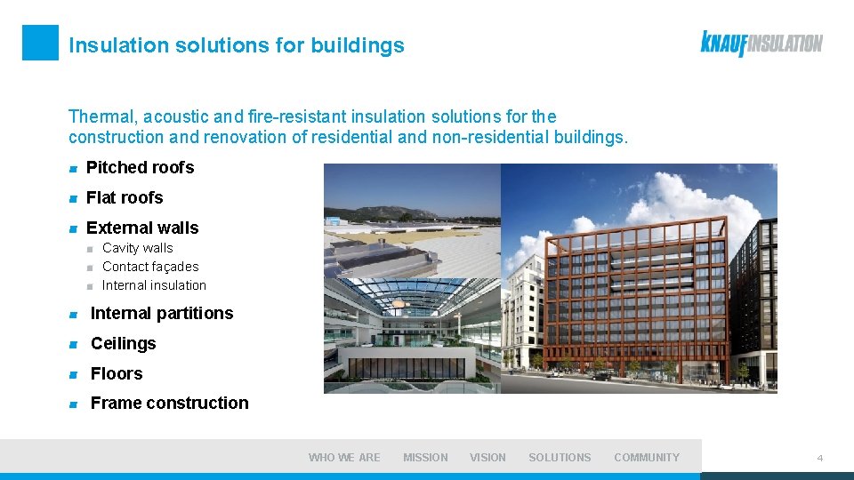 Insulation solutions for buildings Thermal, acoustic and fire-resistant insulation solutions for the construction and