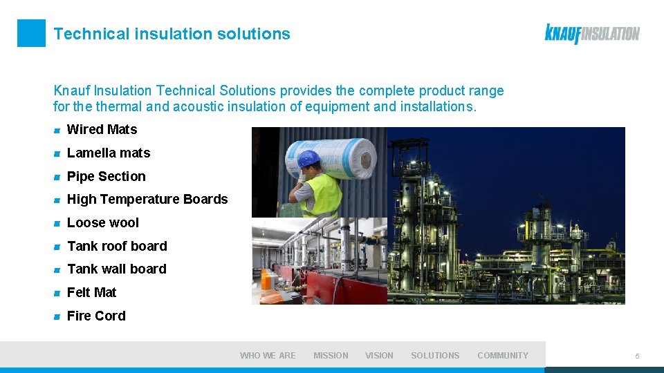 Technical insulation solutions Knauf Insulation Technical Solutions provides the complete product range for thermal
