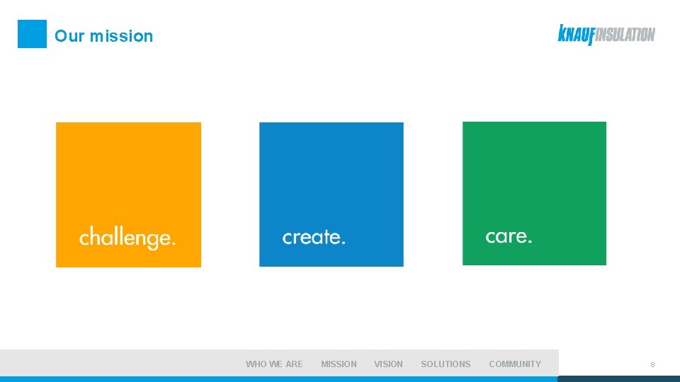 Our mission challenge create WHO WE ARE MISSION care VISION SOLUTIONS COMMUNITY 8 