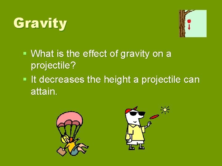 Gravity § What is the effect of gravity on a projectile? § It decreases