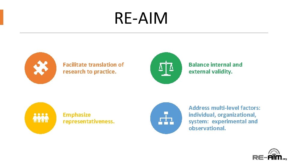 RE-AIM Facilitate translation of research to practice. Balance internal and external validity. Emphasize representativeness.