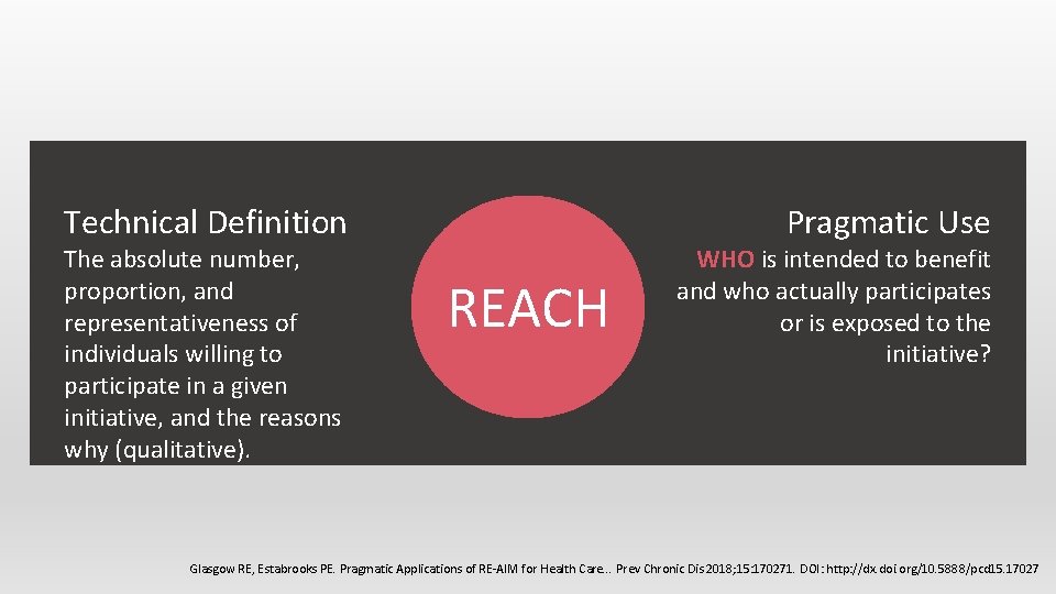 Pragmatic Use Technical Definition The absolute number, proportion, and representativeness of individuals willing to